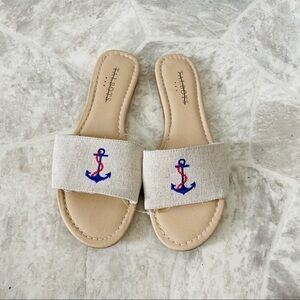 NWOT TALBOTS tan embroidered anchor nautical slide sandals Size 7